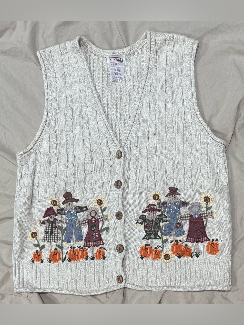 Vintage Fall Scarecrow Pumpkin Sweater Vest Embroidered Cottagecore XL